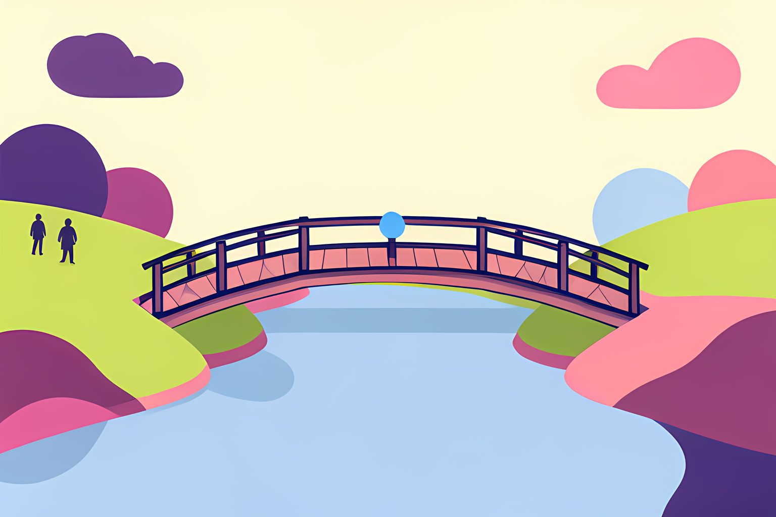 A visual metaphor of a wooden footbridge spanning a wide river between two grassy banks, in plum purple and dusk pink on cream