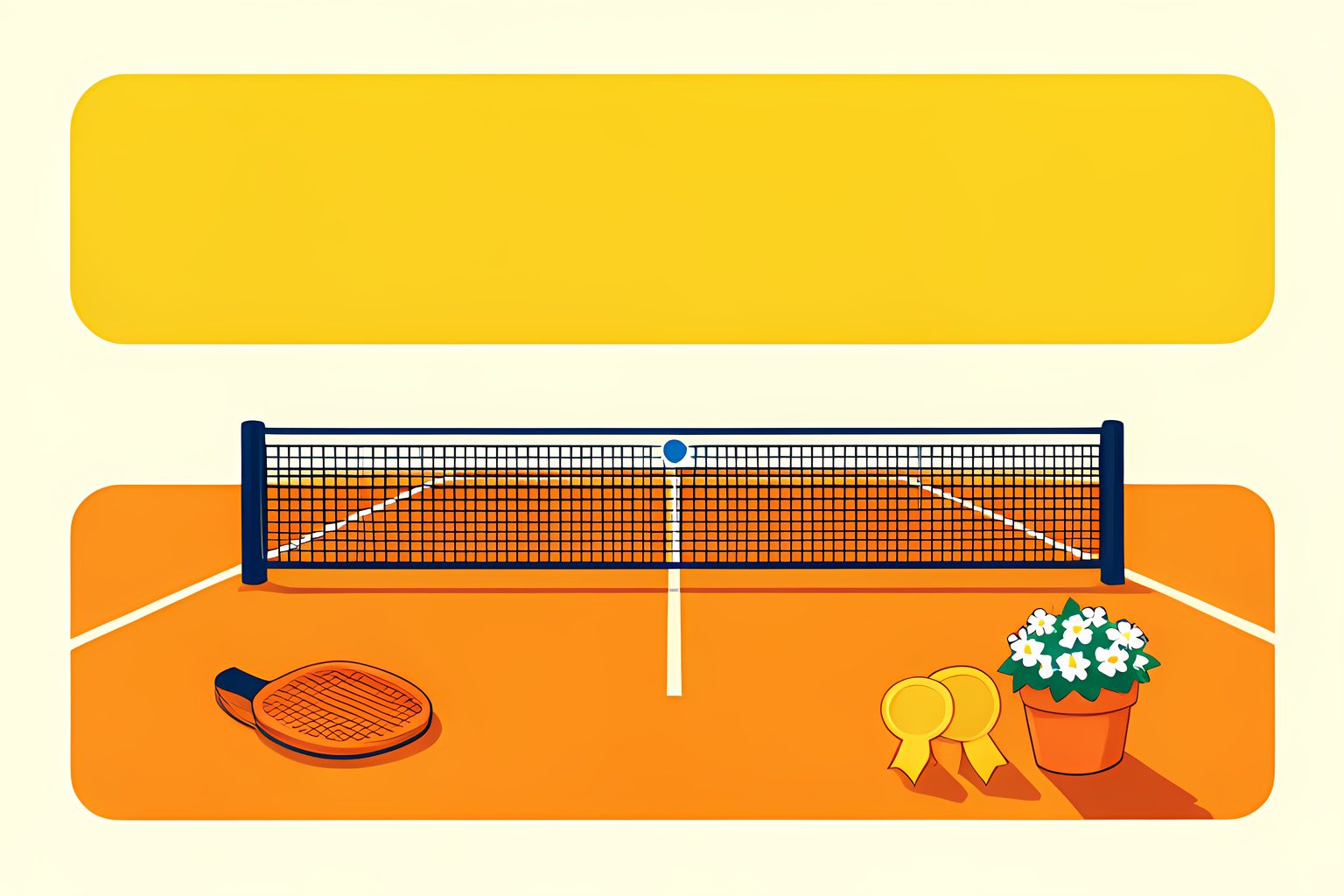 Bright stylized illustration of a sunny clay court with an unmarked tennis racket beside two small gold medal shapes and a single blue dot.