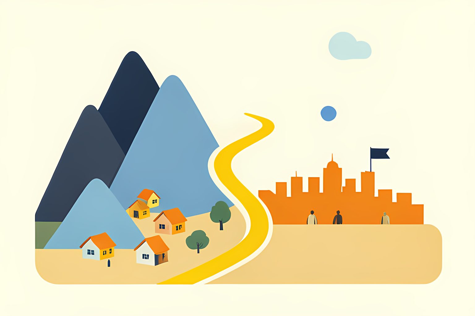 A warm, text-free, person-free illustrated map on cream: a golden-yellow path climbs from a small cluster of mountain homes beneath tall blue-gray peaks to a wide warm-orange city skyline by the water, with a blank flag at the end and a round blue dot.