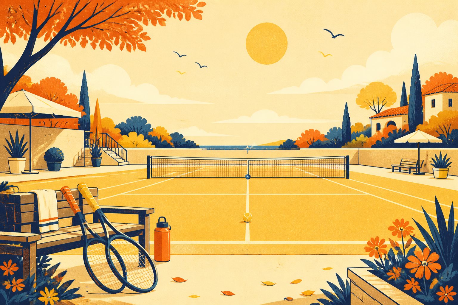 A sunlit outdoor tennis court with a bright yellow ball resting against the net line and two racquets leaning together in warm morning light.