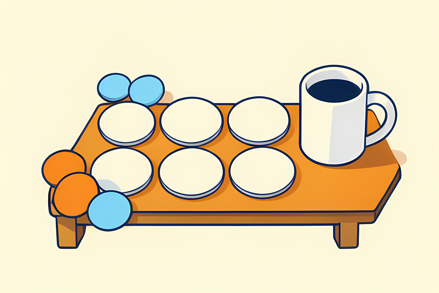 A warm still life of sixteen blank rounded tiles arranged in a four-by-four grid on a low table, two small clusters of four already gathered to one side, a plain white coffee cup beside the grid in soft morning light.