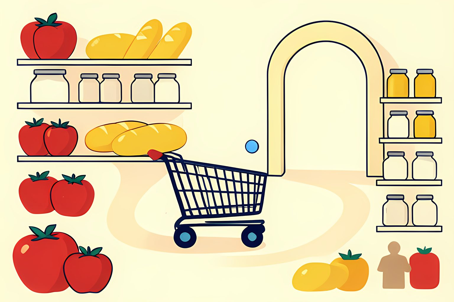 A sunny stylized grocery interior in which a small unmarked cart follows a looping aisle around colorful fruit, bread, and plain packages toward a checkout arch.