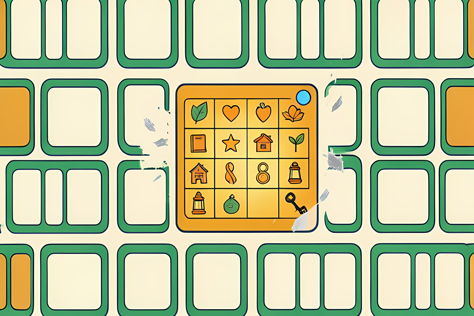 A flat pattern illustration of many identical blank bingo-style cards in neat rows, with one card in the middle glowing warmer and divided into ten equal colored squares.