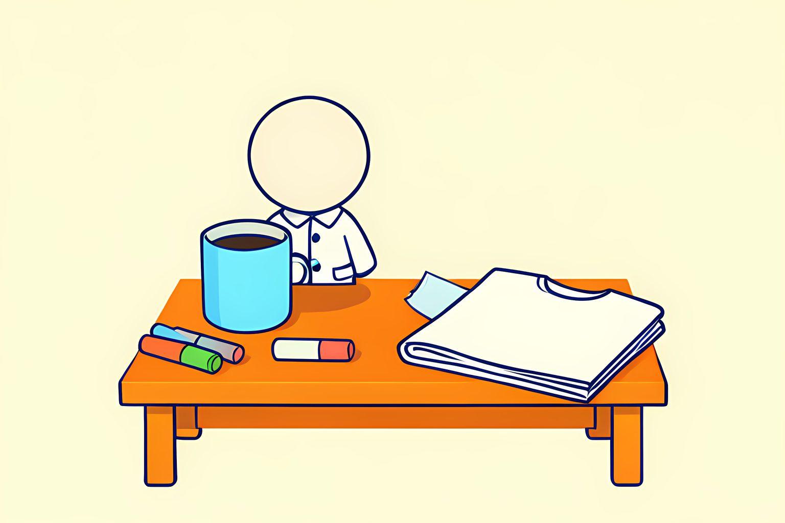 A small cheerful bobblehead figure in a white coat standing behind a tiny blank podium on a low wooden table, lit by warm side light, beside a coffee mug and a stick of sidewalk chalk.