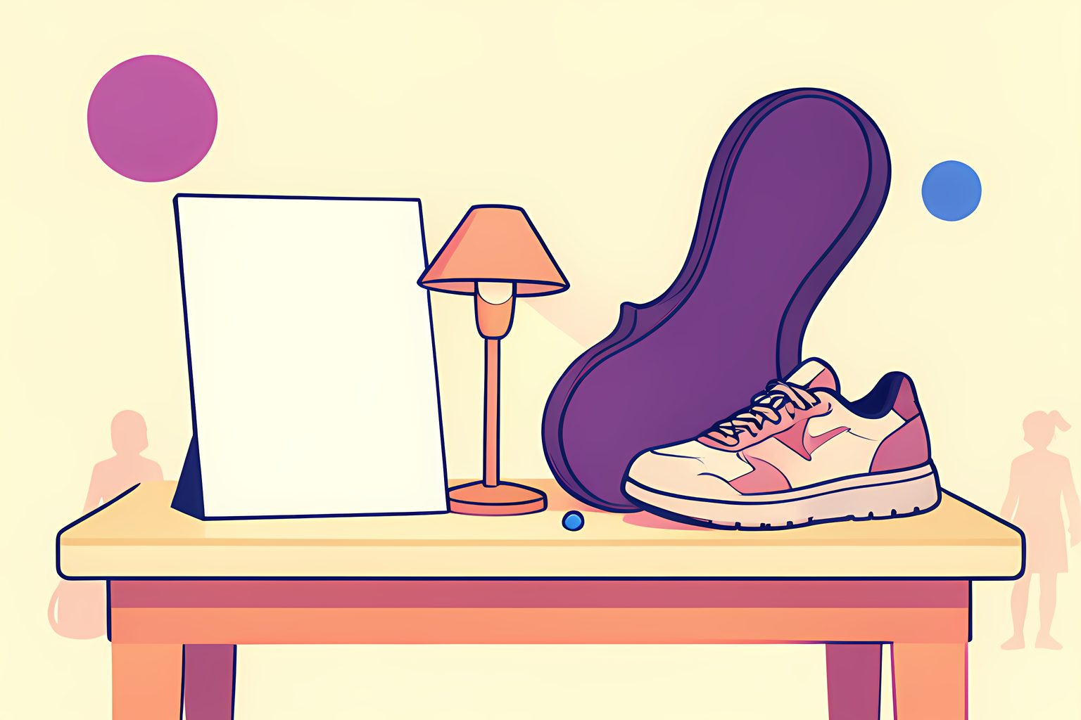A blank program, small stage lamp, violin case, sneakers and blue bead arranged on a cream dressing table, with no people or text.