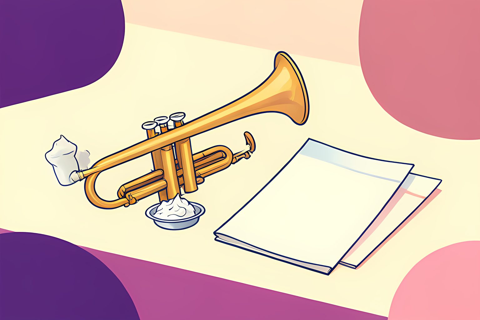 A vintage brass trumpet and a small dish of whipped cream resting on a low wooden table, with morning sunlight illuminating sheet music shapes.