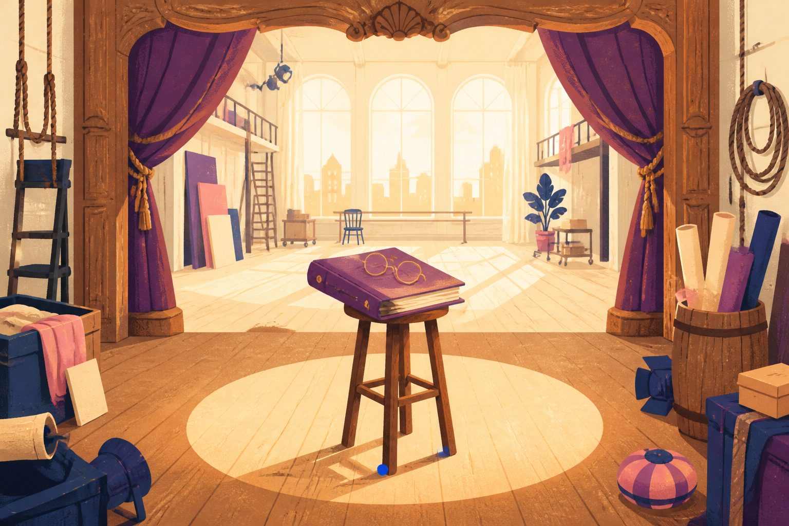 Stylized flat vector illustration of an antique theatre proscenium framing a sunlit stage with a script and glasses.