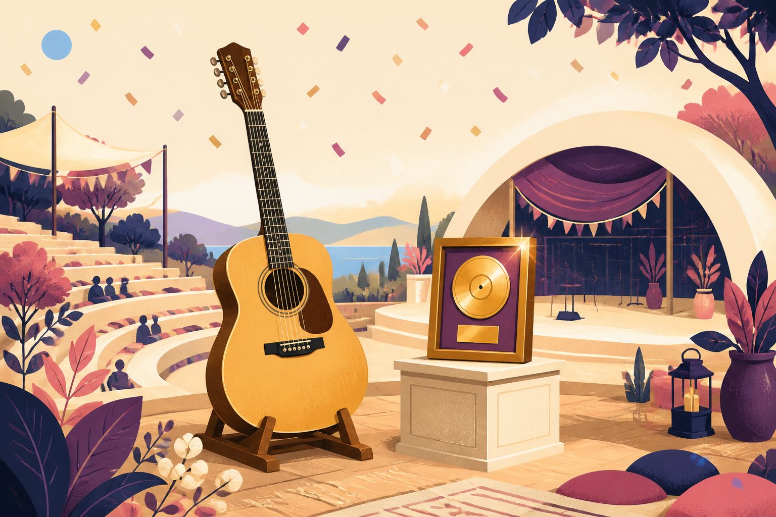 A stylized open outdoor festival amphitheater under bright morning sunlight, showing an acoustic twelve-string guitar resting on a wooden stand beside a glowing golden award plaque on a pedestal, with colorful confetti floating across a clear sky