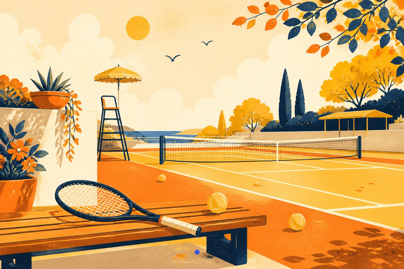 A bright sunlit outdoor tennis court in morning daylight on warm cream with stylized orange and yellow baseline arcs and a tiny blue dot near the service line