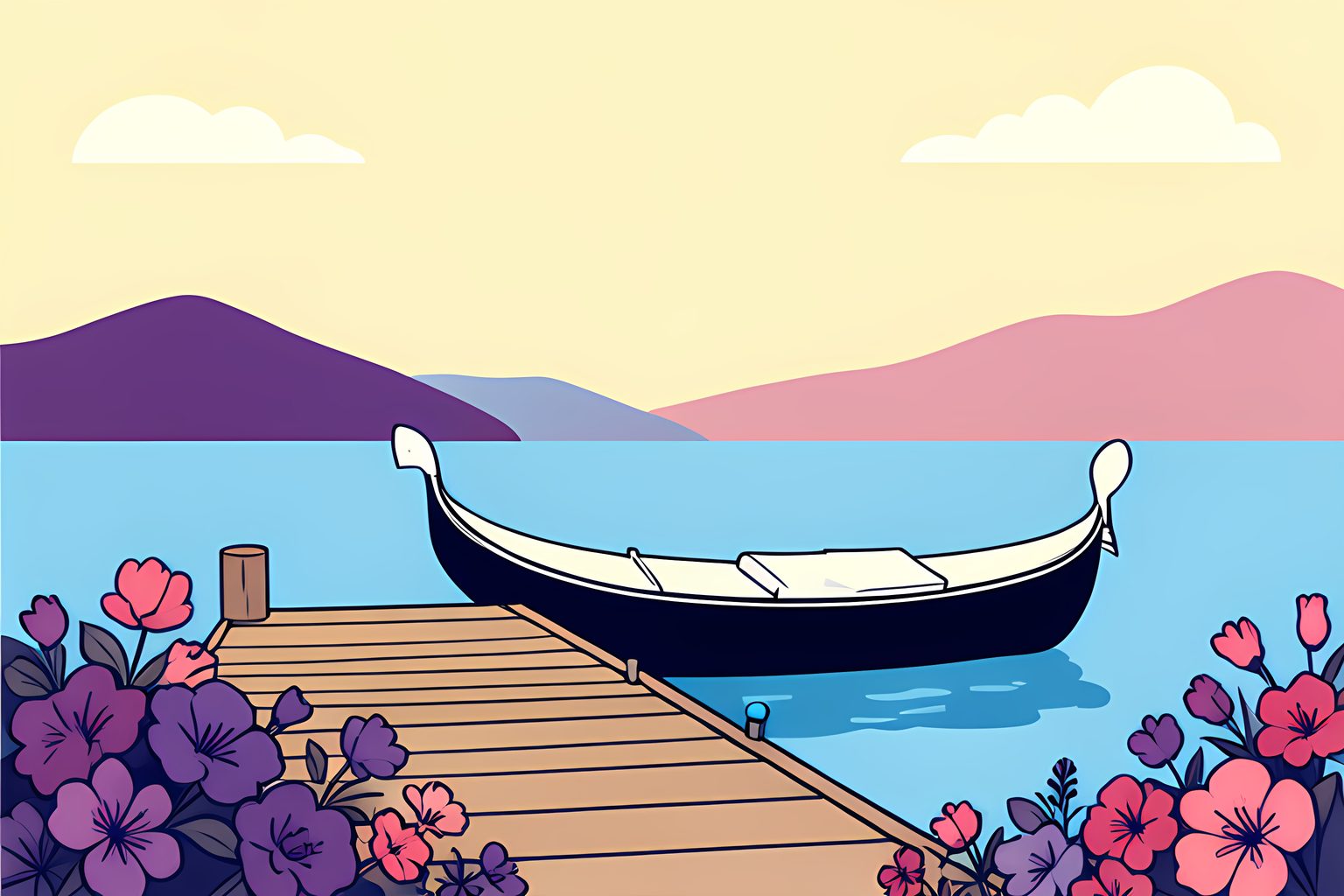 A bright flat illustration of a Lake Como wedding dock in warm daylight: a long wooden pier over calm blue water with one empty black-and-white boat moored at the end, plum and pink flowers along the dock edge, distant hills under a big warm sky.