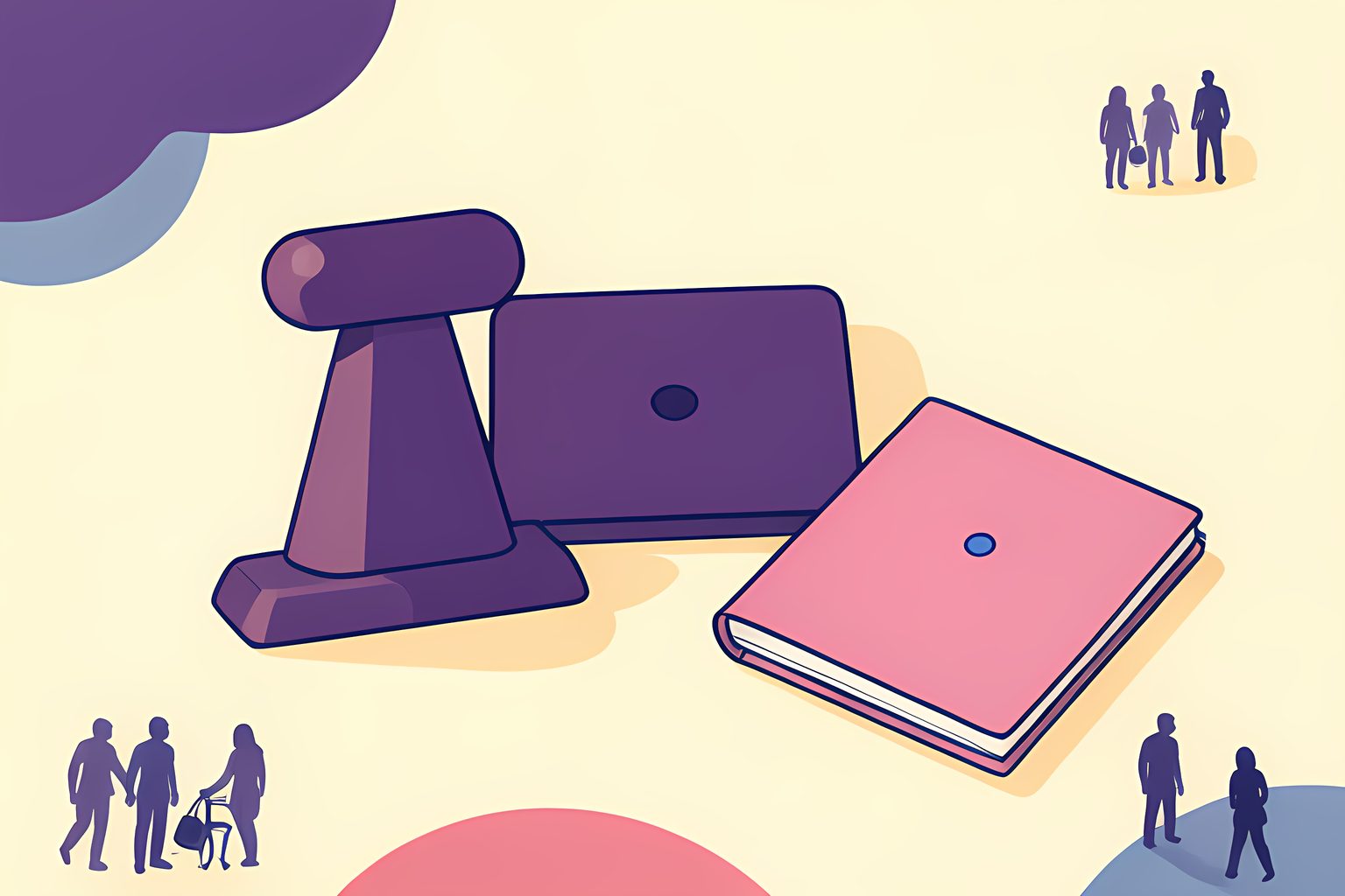A sunny low-table still life with two plain film canisters, a small oil derrick paperweight, a purple briefcase and a blue dot on a cream background.
