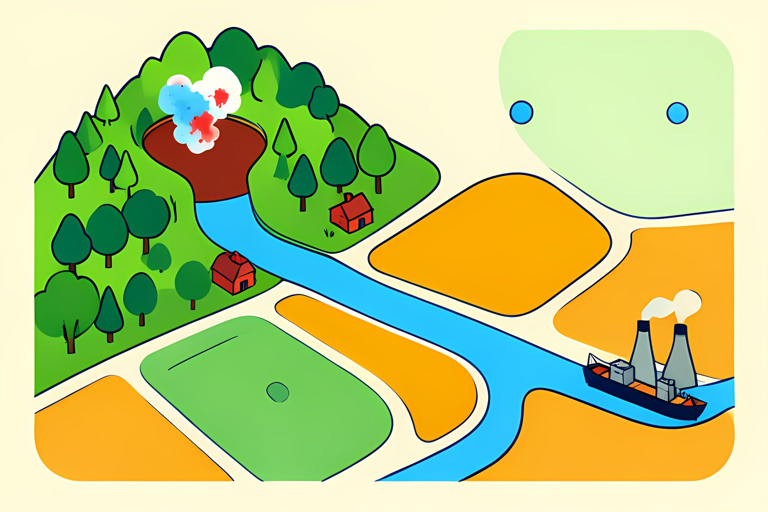 A sunny illustrated scene of a red-earth open pit mine on a wooded ridge, with a long river winding south past farm fields toward a distant mill with tall stacks.