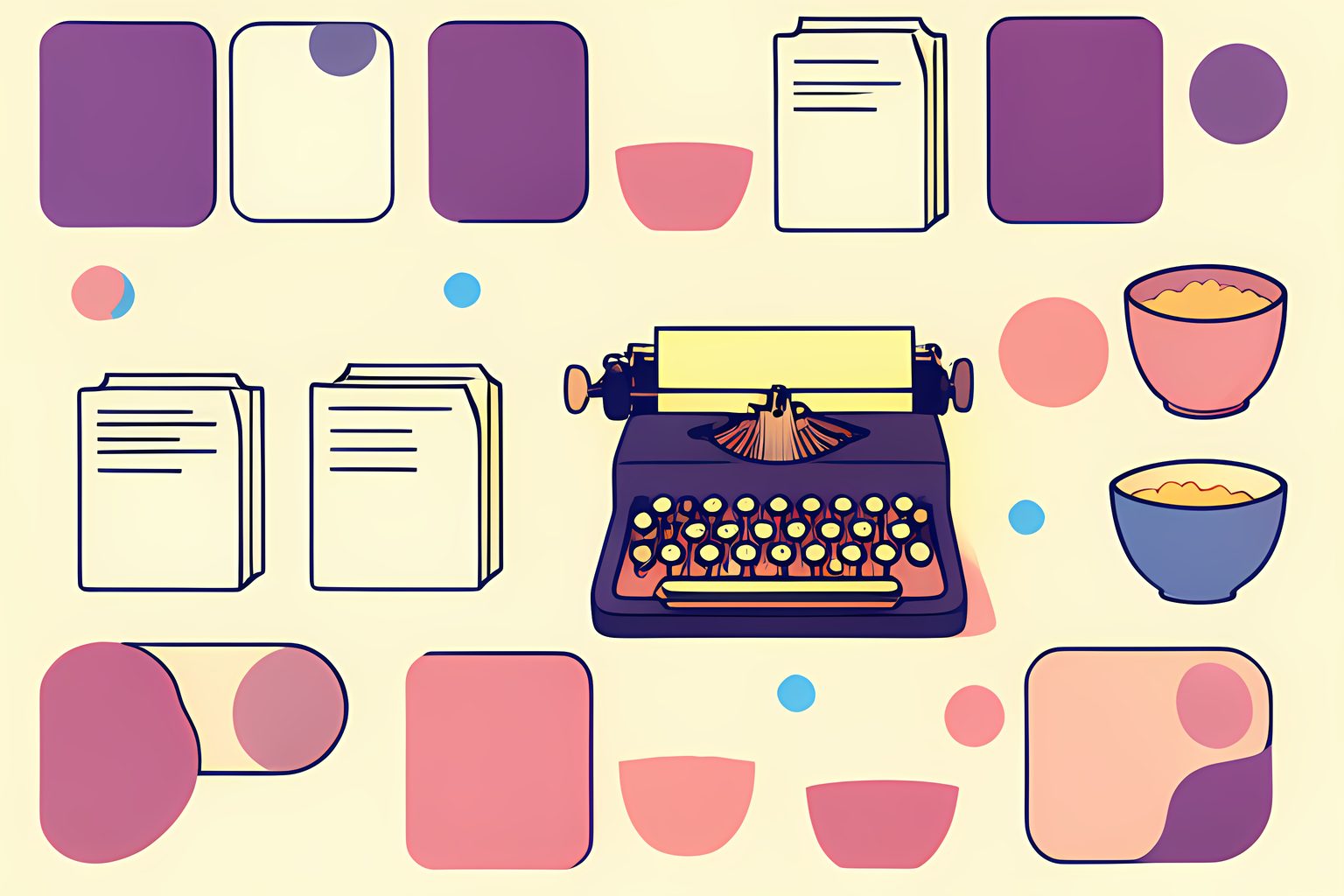 A repeating row of blank newspapers and cereal bowls with one vintage typewriter breaking the pattern in warm light.