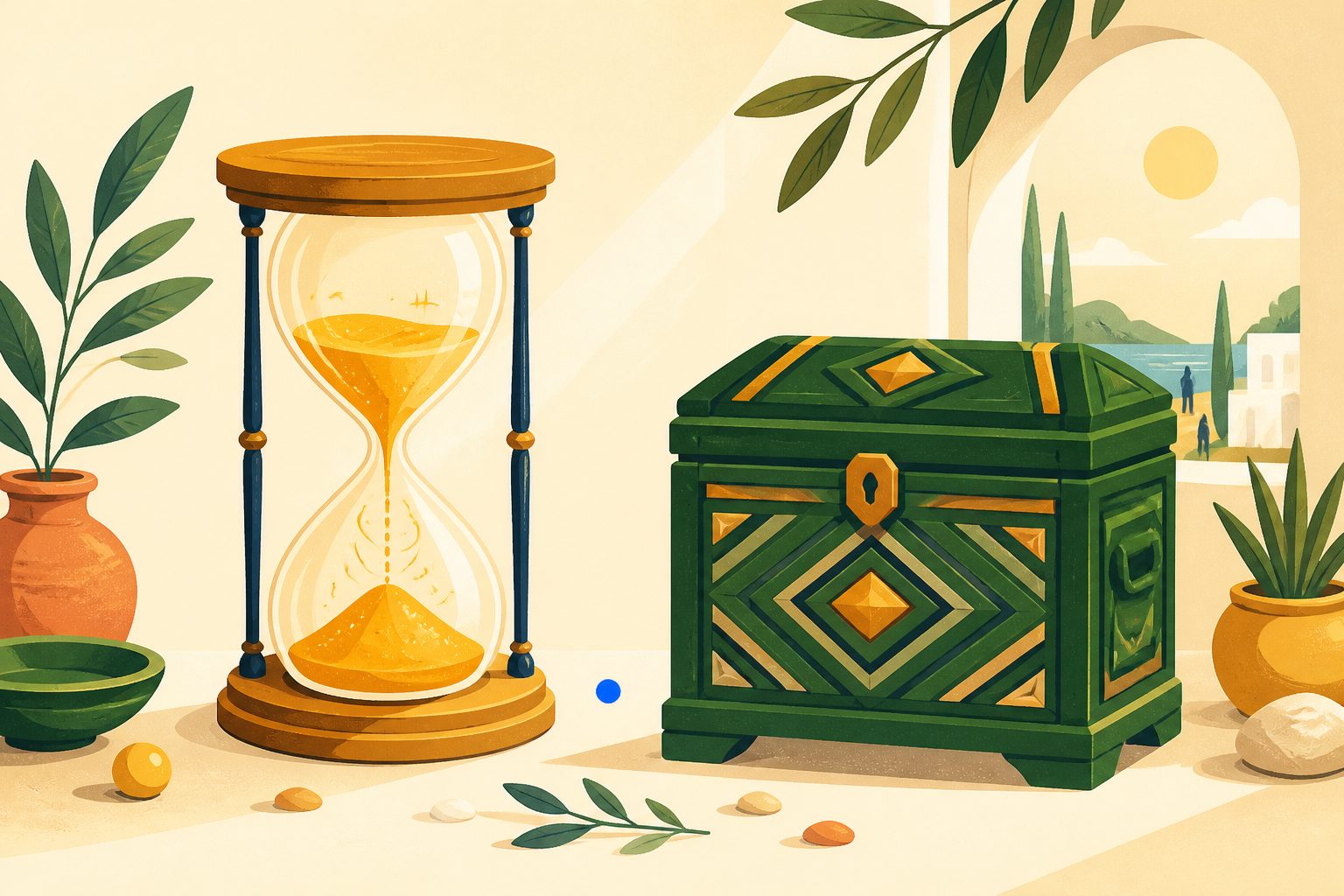 A side-by-side conceptual balance on a warm cream surface: a swift glowing hourglass representing dynamic volatile memory next to a sturdy carved geometric chest representing permanent storage, bathed in soft amber and forest green morning sunlight with a small blue dot at the center.