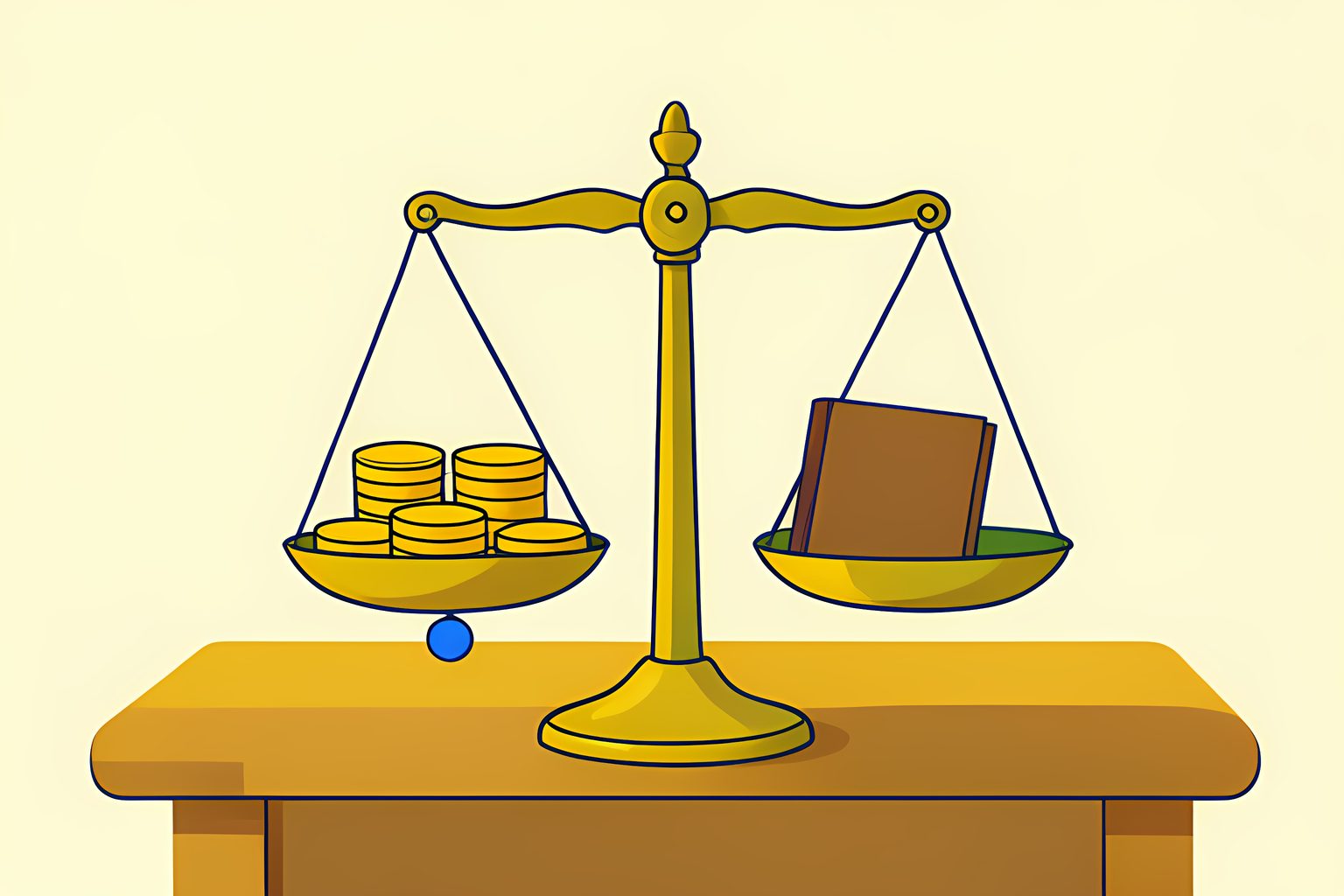 A peaceful still-life composition on warm cream showing a neat stack of golden dividend coins beside an old brass scale under morning light