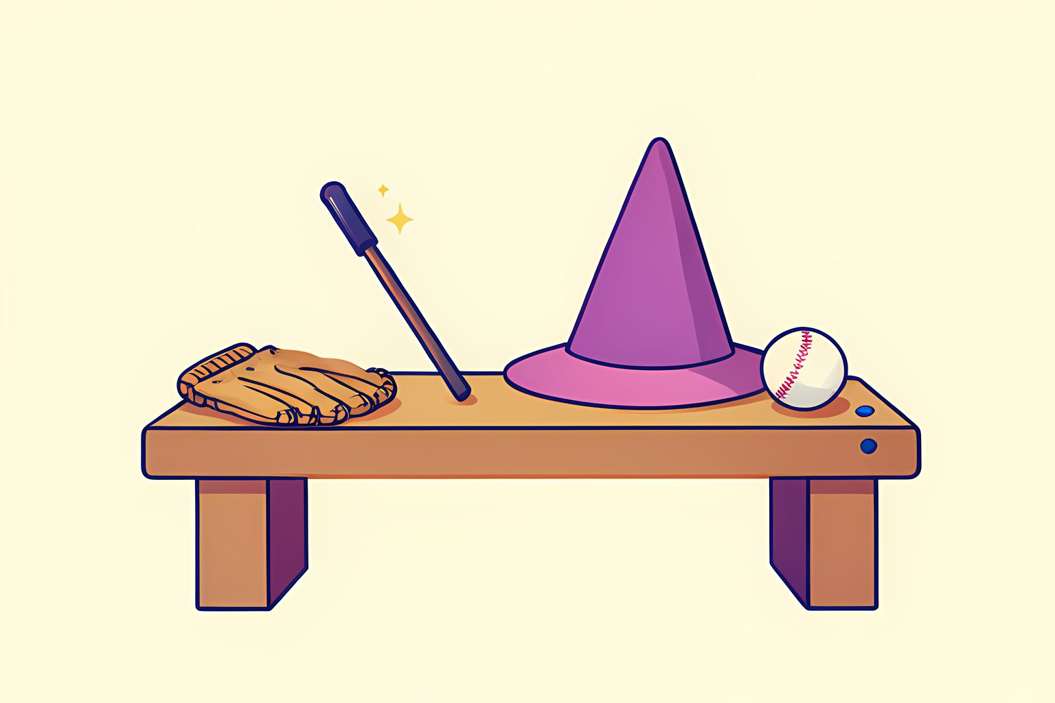 A plastic wizard wand and a pointed hat resting on a sunlit dugout bench beside a baseball glove and a single baseball.