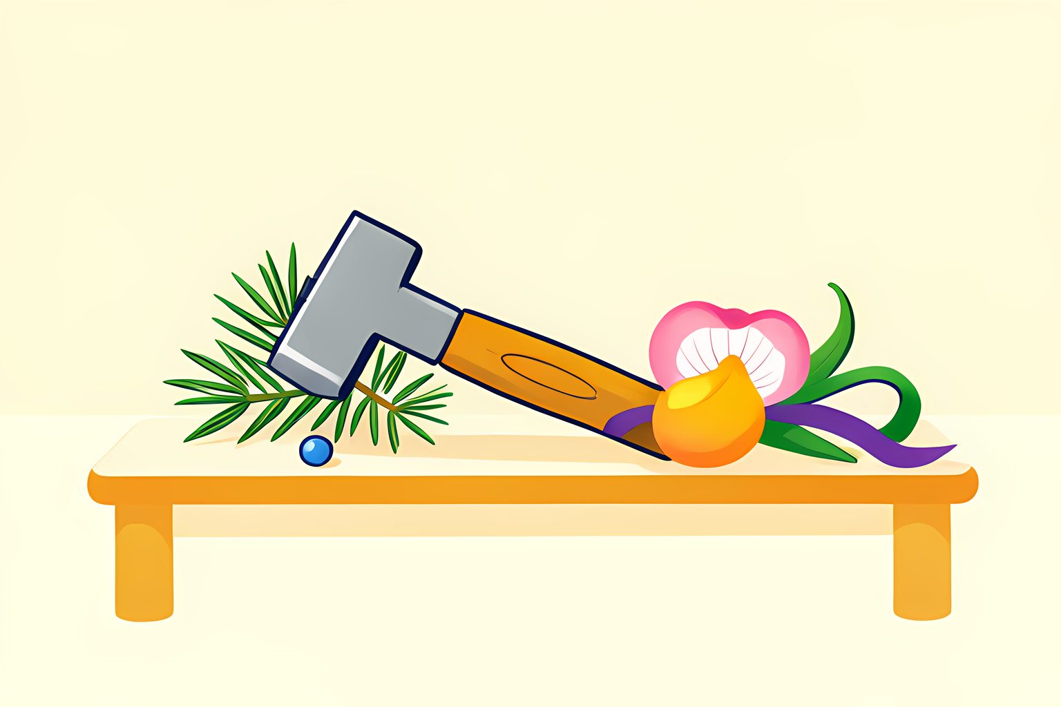 A plain metalworking hammer rests beside a pine sprig, a pink and white lady's-slipper flower, and green and purple ribbons.
