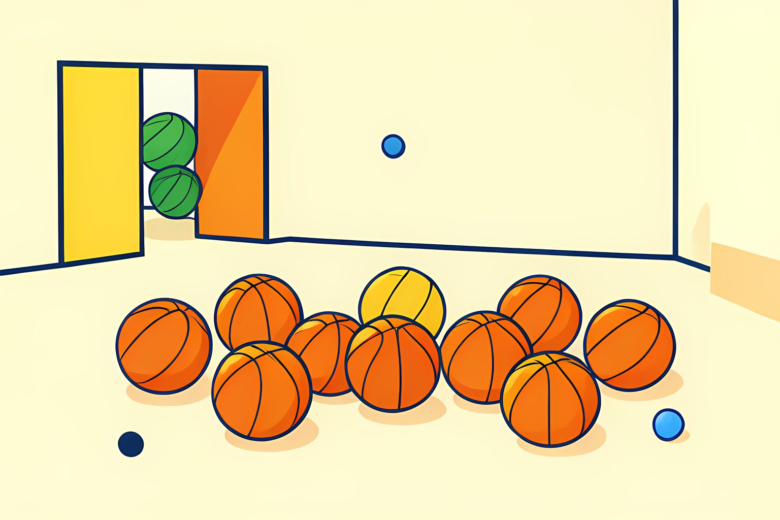 Thirteen plain volleyballs form a tidy court pattern, with three green balls curving in through an open gym doorway.