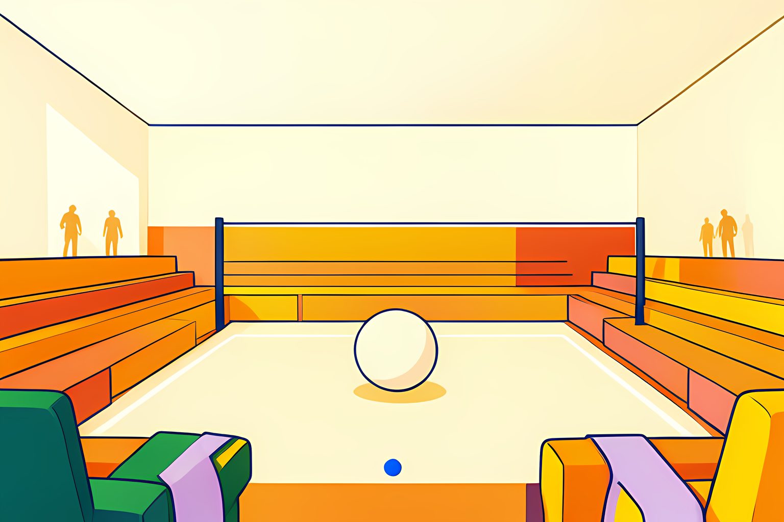 An empty sunlit volleyball arena holds one ball at center court, with green and purple ribbons tucked among the seats.