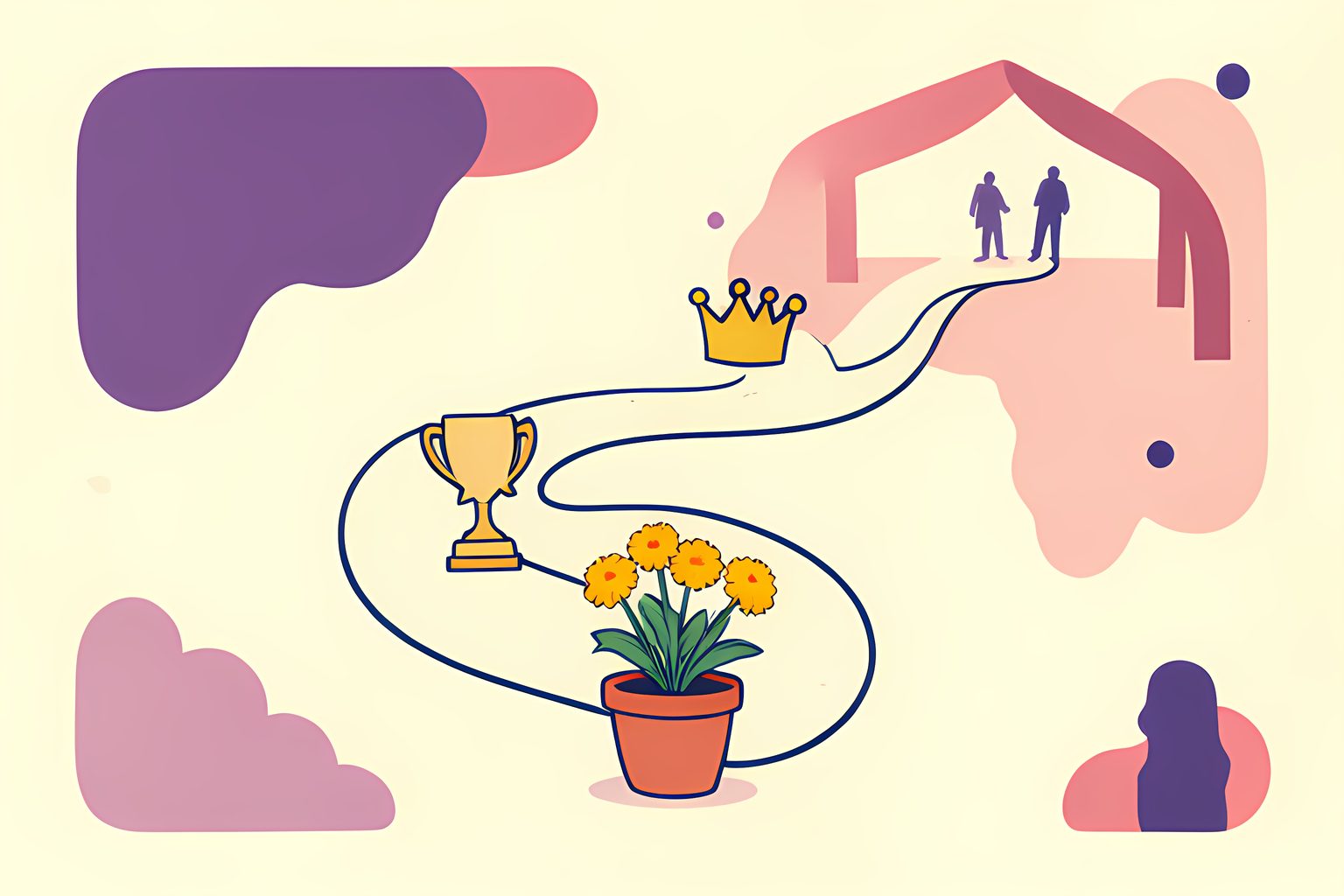 Two unmarked paths through a cream pavilion, one with a plain star-shaped trophy and one with a plain scalloped crown shape, meeting at marigolds.
