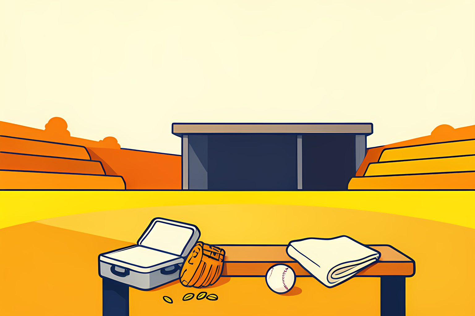 An empty sunlit baseball park with a blank travel case, glove and baseball resting beside the home dugout.