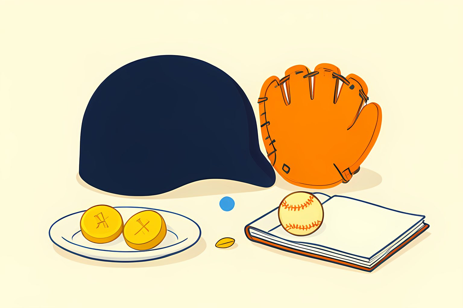 A blank batting helmet, catcher’s mitt and baseball on a low table, beside two separate groups of small golden tokens.