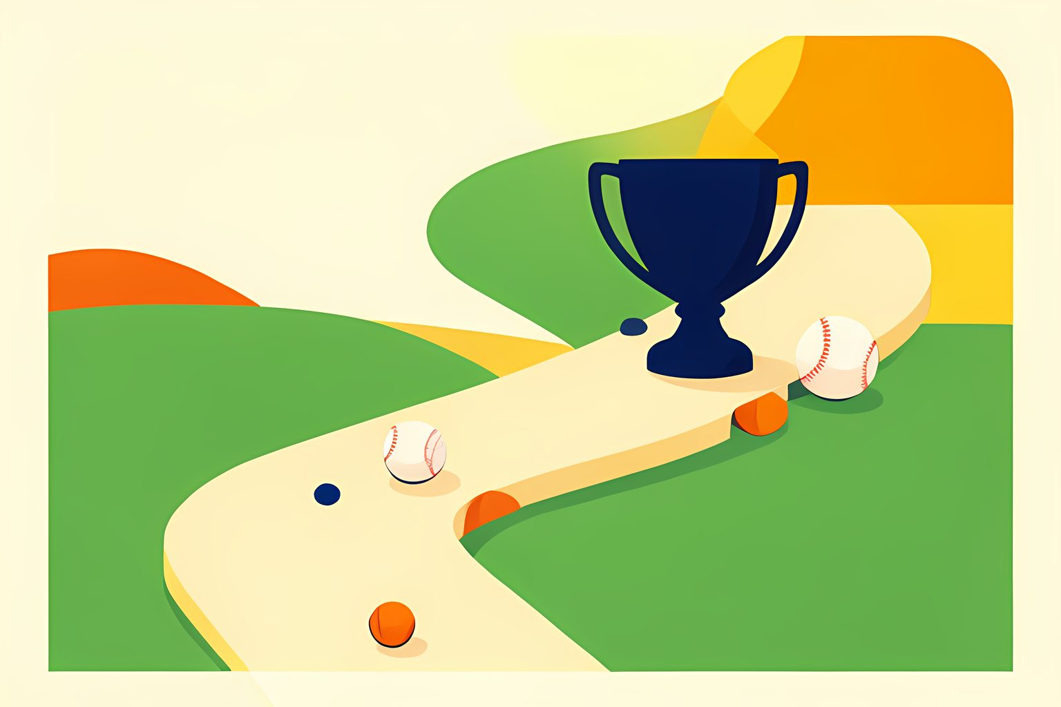 Conceptual illustration of baseballs following two golden paths toward a plain trophy, with one path skipping an opening pair of stepping stones.