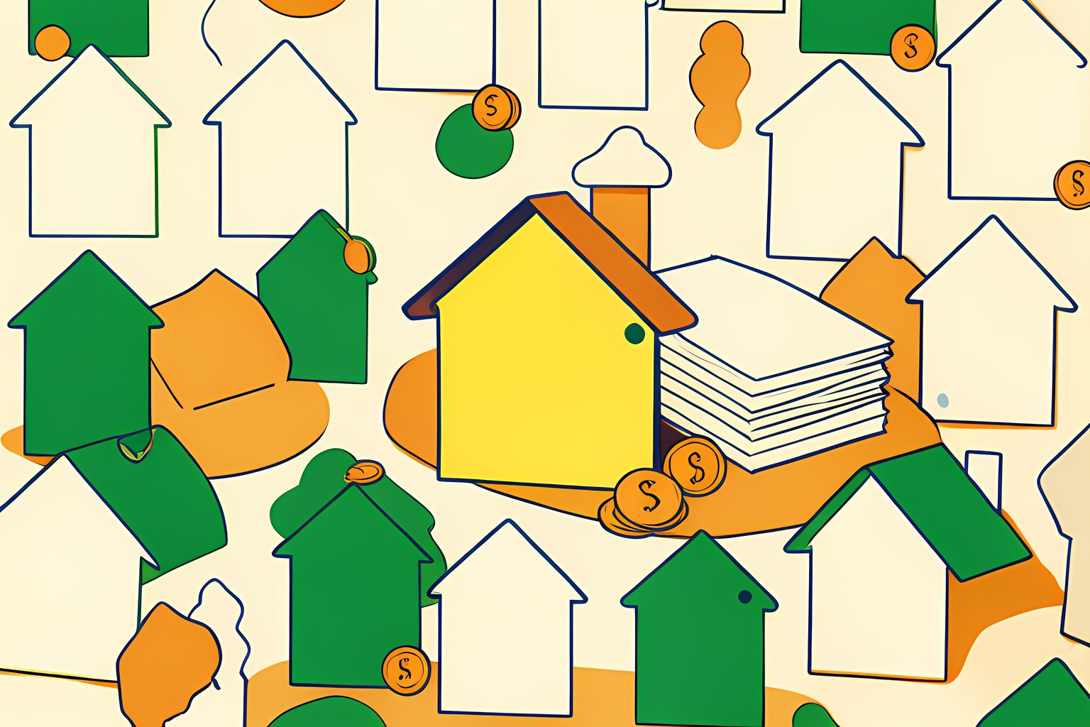 A cheerful pattern of blank green and amber house-shaped rate cards on a cream background, with one card glowing softly beside a small blue dot and no text or people.