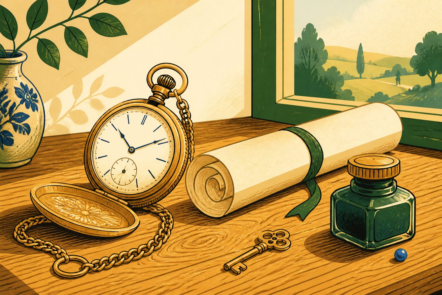 A serene editorial still-life on warm cream showing an antique brass pocket watch resting open beside a bound parchment mortgage deed and an inkwell in amber side light, with a small round blue dot tucked at the base.