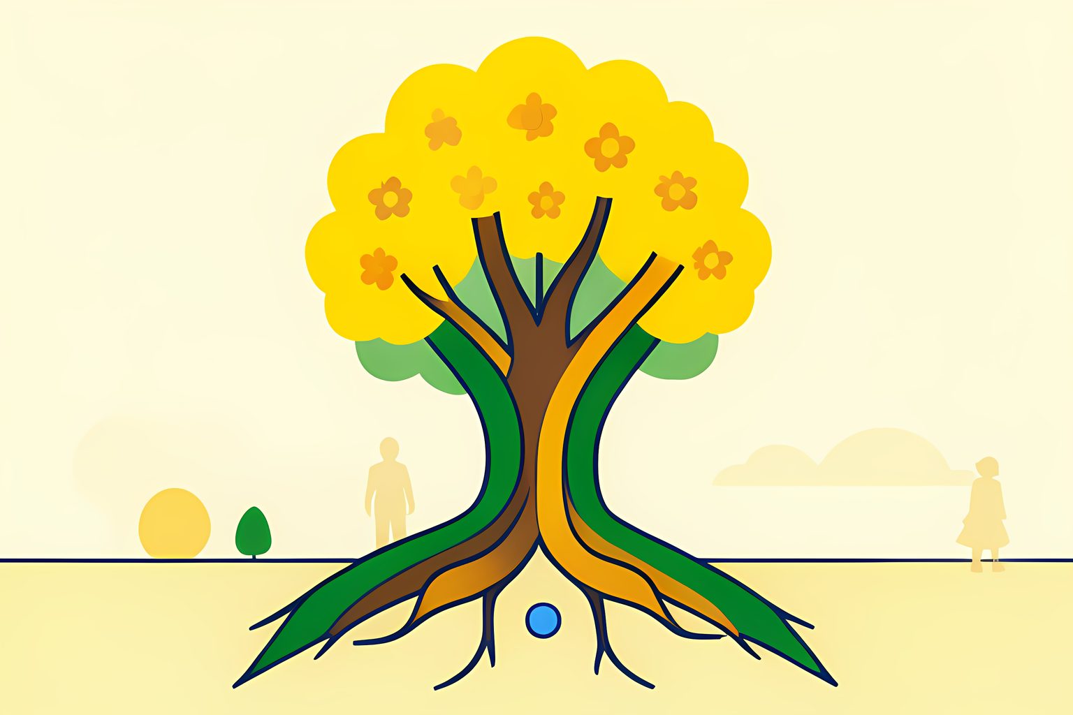A stylized geometric diagram of green and amber streams converging into a golden tree surrounded by morning light on a warm cream background.