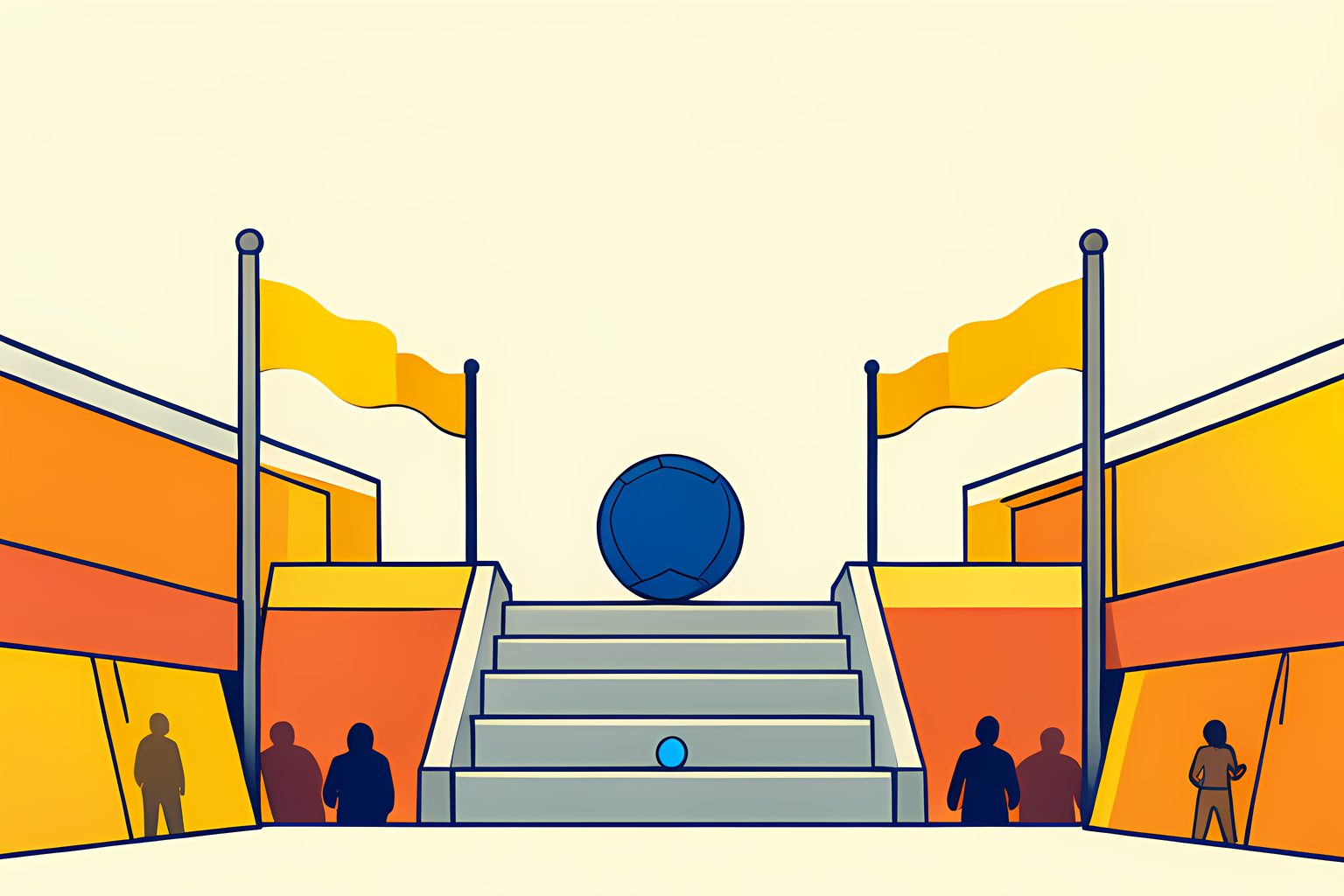 A sunlit stadium terrace with open gates, a single blue football resting on concrete steps under morning sky.