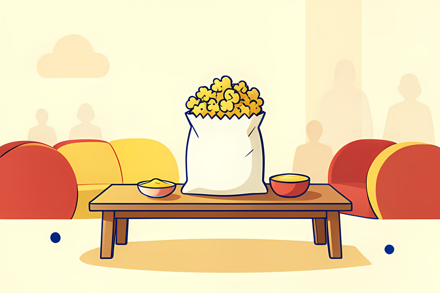 A large warm bag of movie theater popcorn sits on a low table next to a small side container of golden butter topping under soft side light.