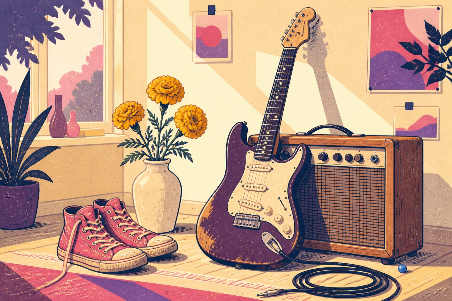 A scuffed vintage electric guitar resting against a wooden amplifier on a warm sunlit studio floor with cheerful yellow flowers in a vase.