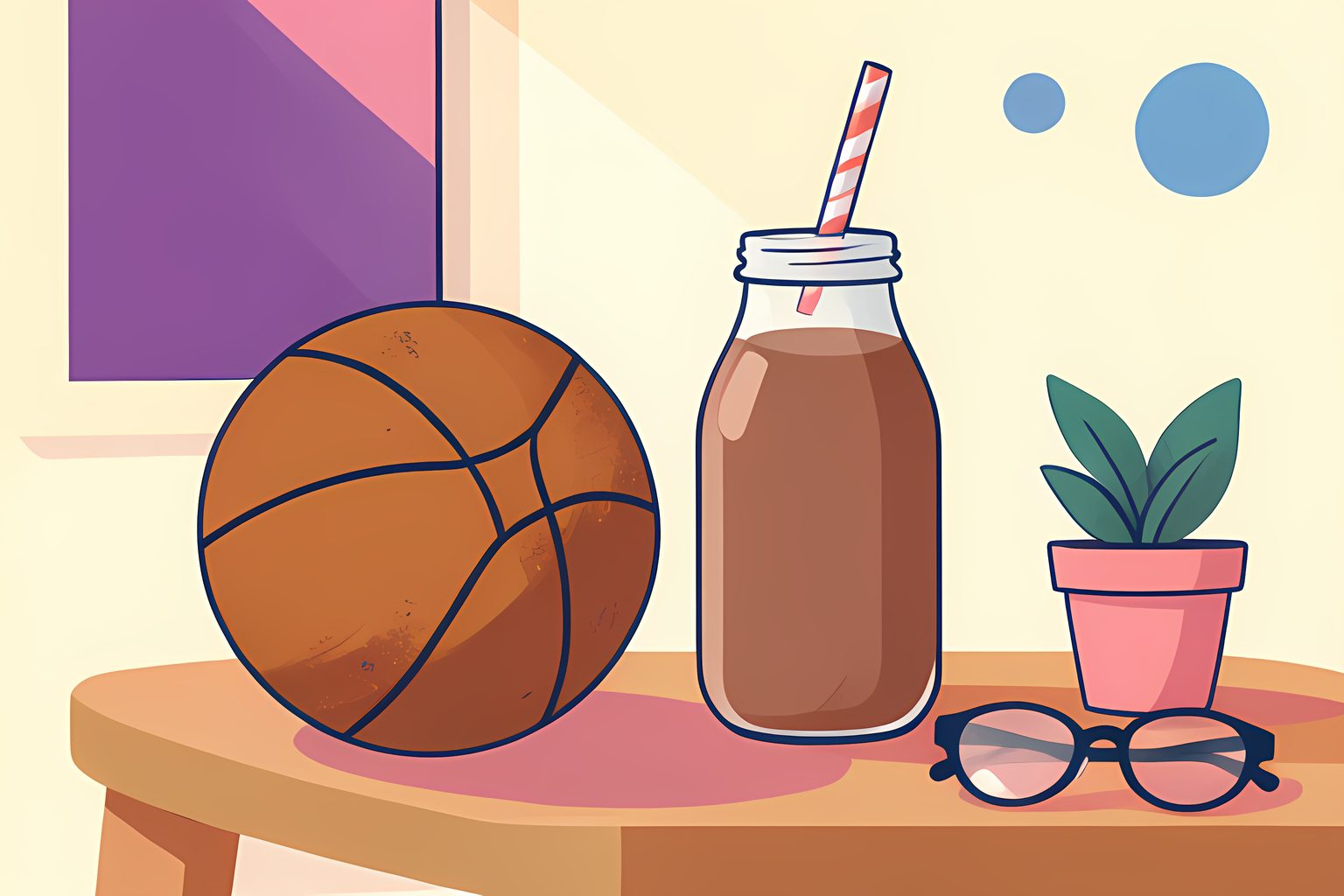 A worn basketball resting on a low wooden table beside a plain chocolate-milk bottle with a striped straw and a blank folded script, in warm side light.