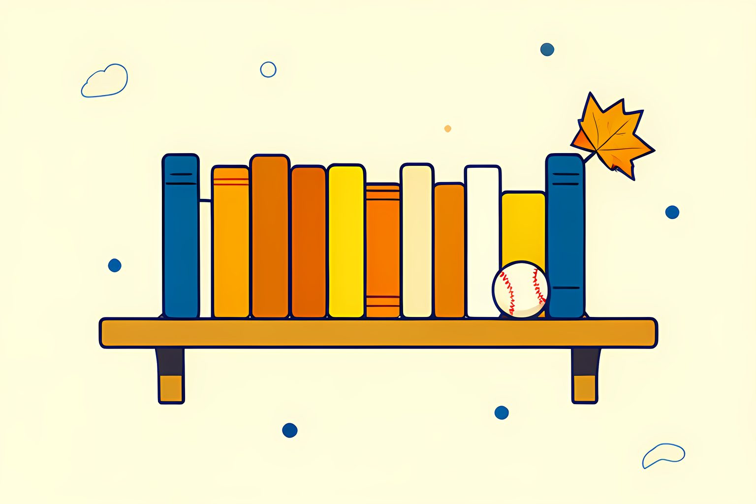 Two ballpark grandstands shaped like bookends hold a row of plain, unmarked books on a sunny shelf, with a lone baseball resting between them.