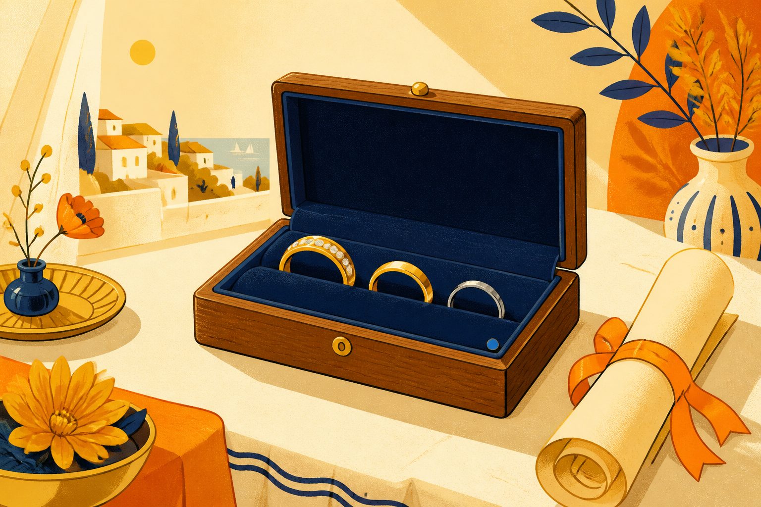 An open velvet-lined wooden presentation box rests on a low table displaying three polished rings in stepped sizes