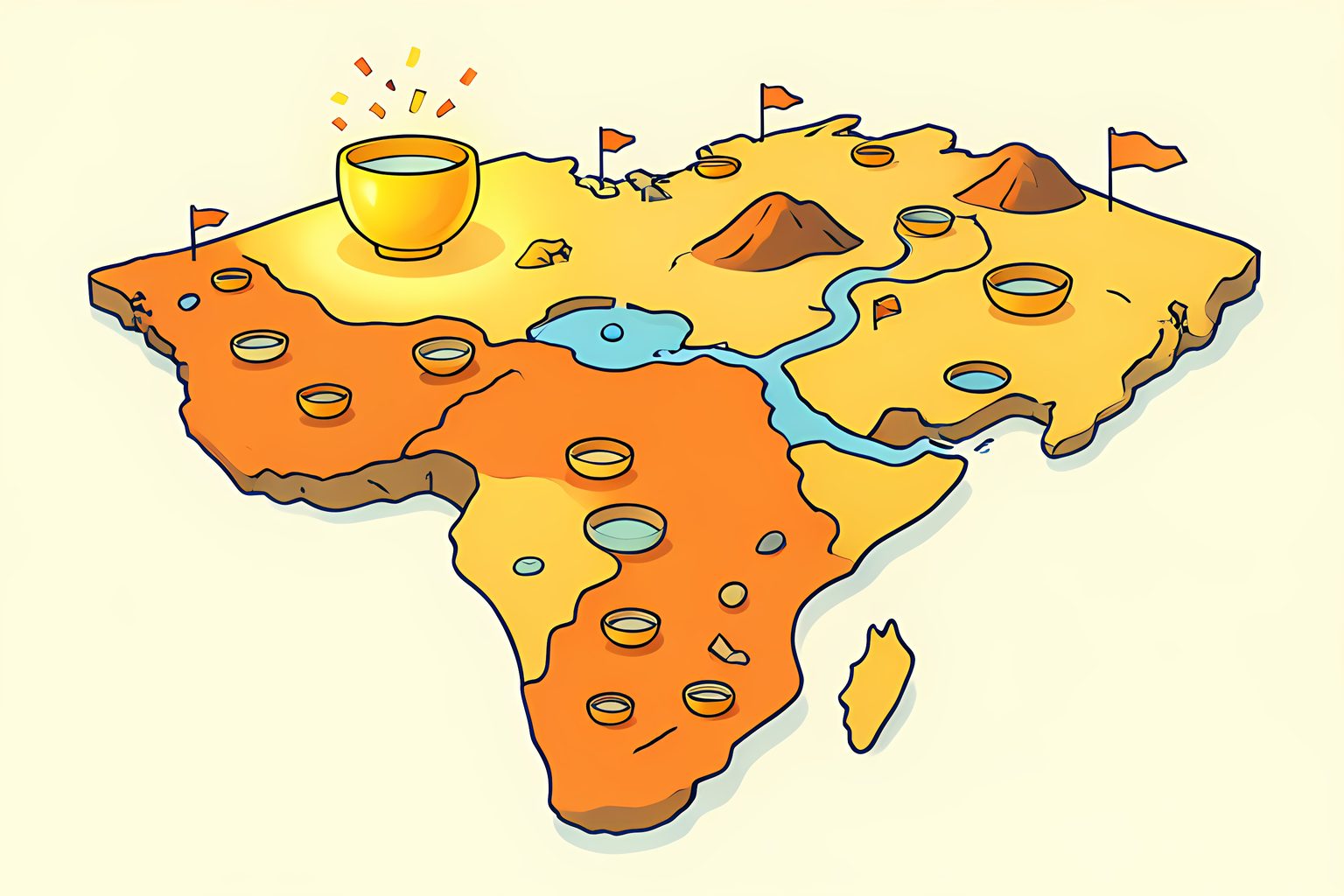 A warm, stylized map of the United States dotted with many small stadium bowls, one tiny new bowl glowing golden on the northern plains.