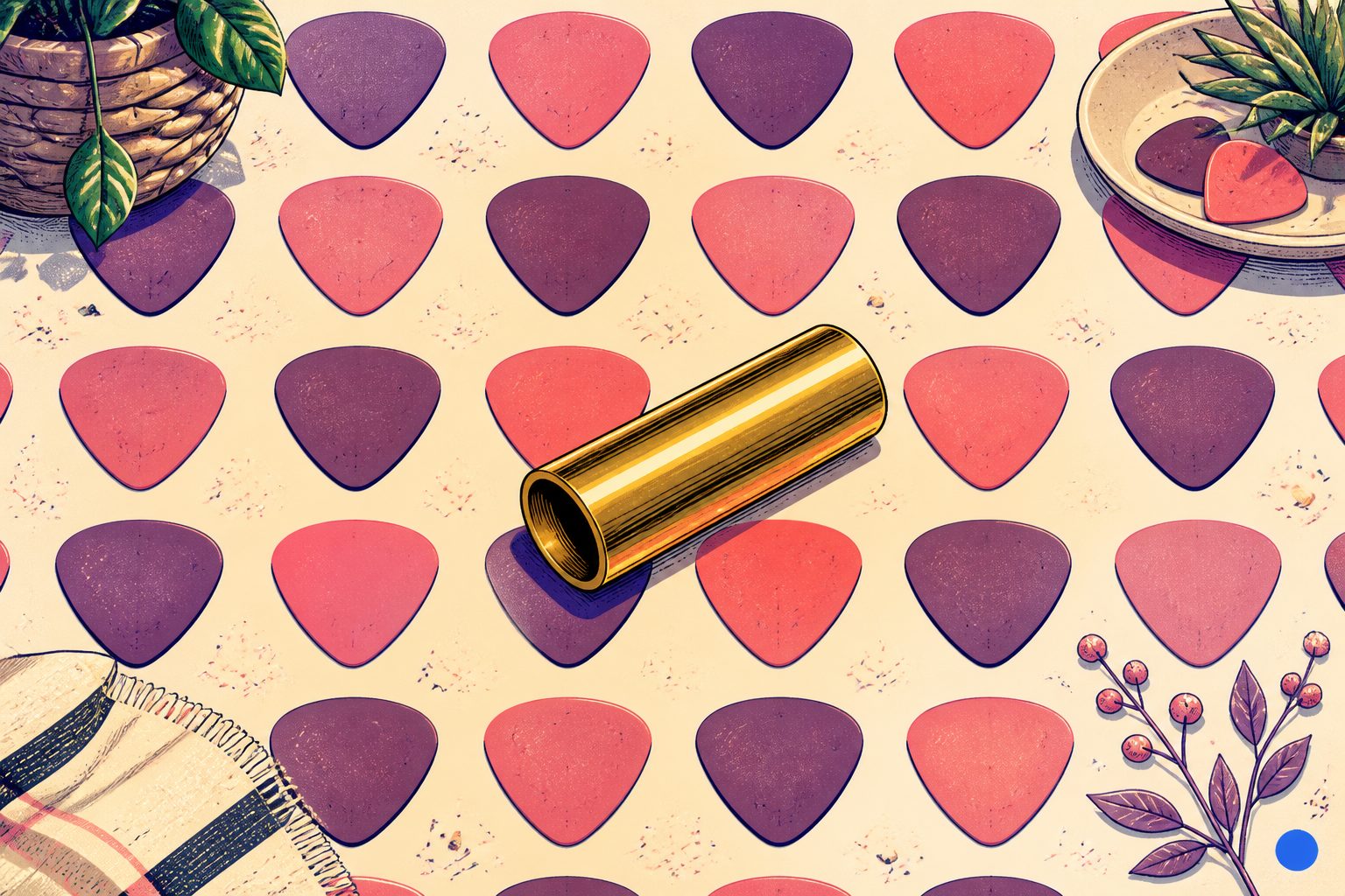 A patterned array of colorful guitar picks arranged neatly around a single silver tuning peg on cream canvas