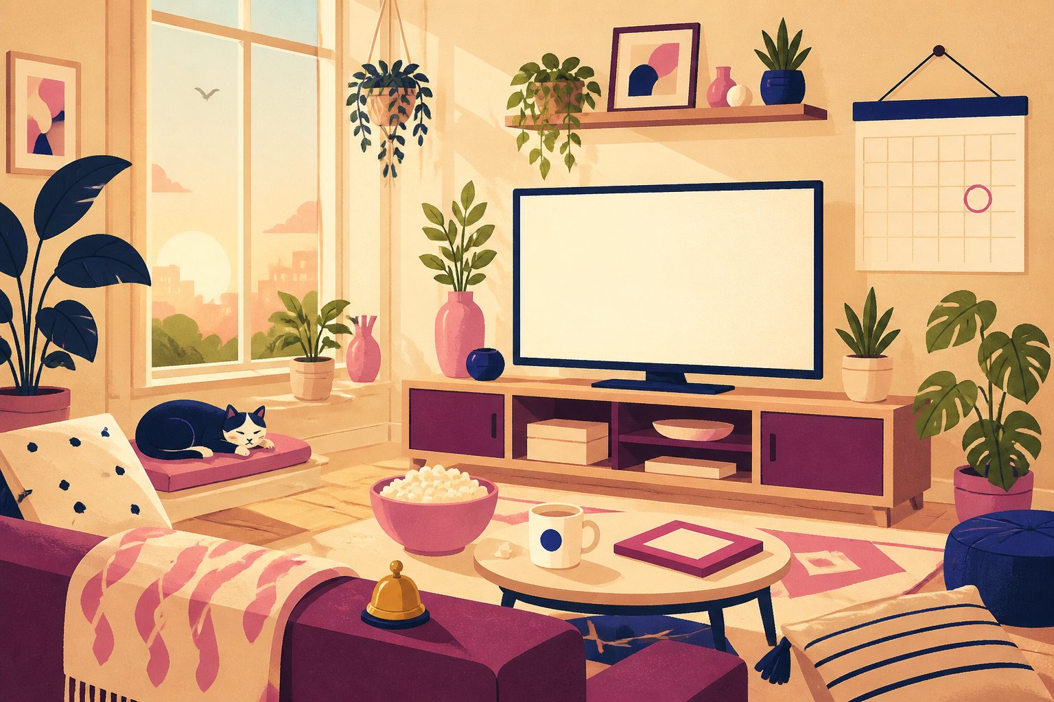 A sunny living room at dawn with a blank television glowing softly, a calendar of blank squares on the wall with one square highlighted, and a small bell resting on the sofa arm.