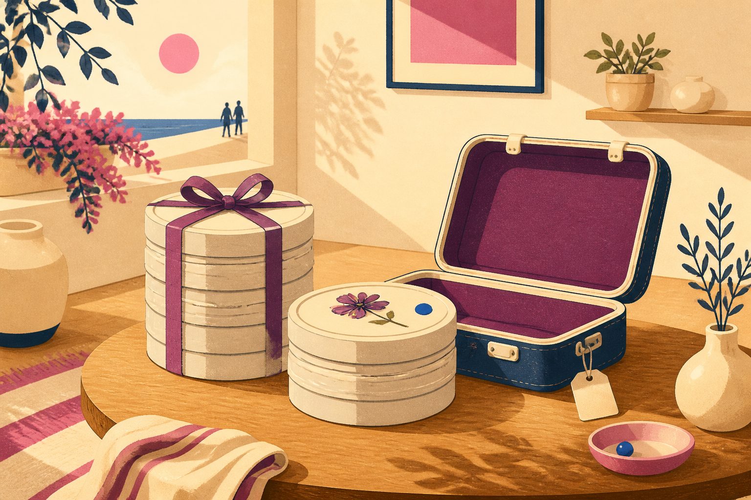 Two stacks of blank film canisters on a sunny table, one tied with a red ribbon and resting firmly, the other stack beside a small open suitcase as if ready to travel.