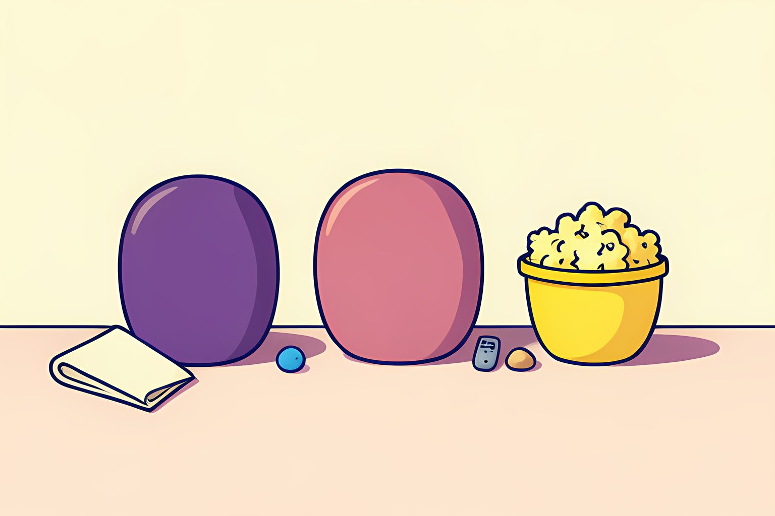 A bright, text-free still life of three blank profile tiles standing separately on a low table beside three small bowls of popcorn, with a tiny blue dot.