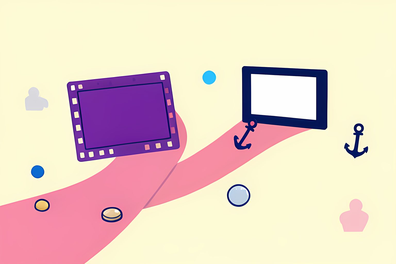 A text-free, person-free visual metaphor of two blank film frames traveling along differently long plum-purple and dusk-pink ribbon paths toward a small projector window.