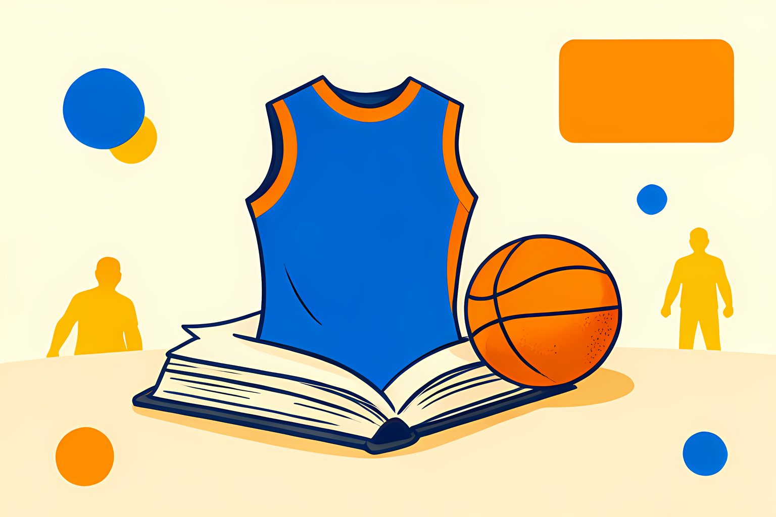 A blank blue-and-orange basketball jersey silhouette unfurling from an old blank book into an unmarked basketball on a cream table.