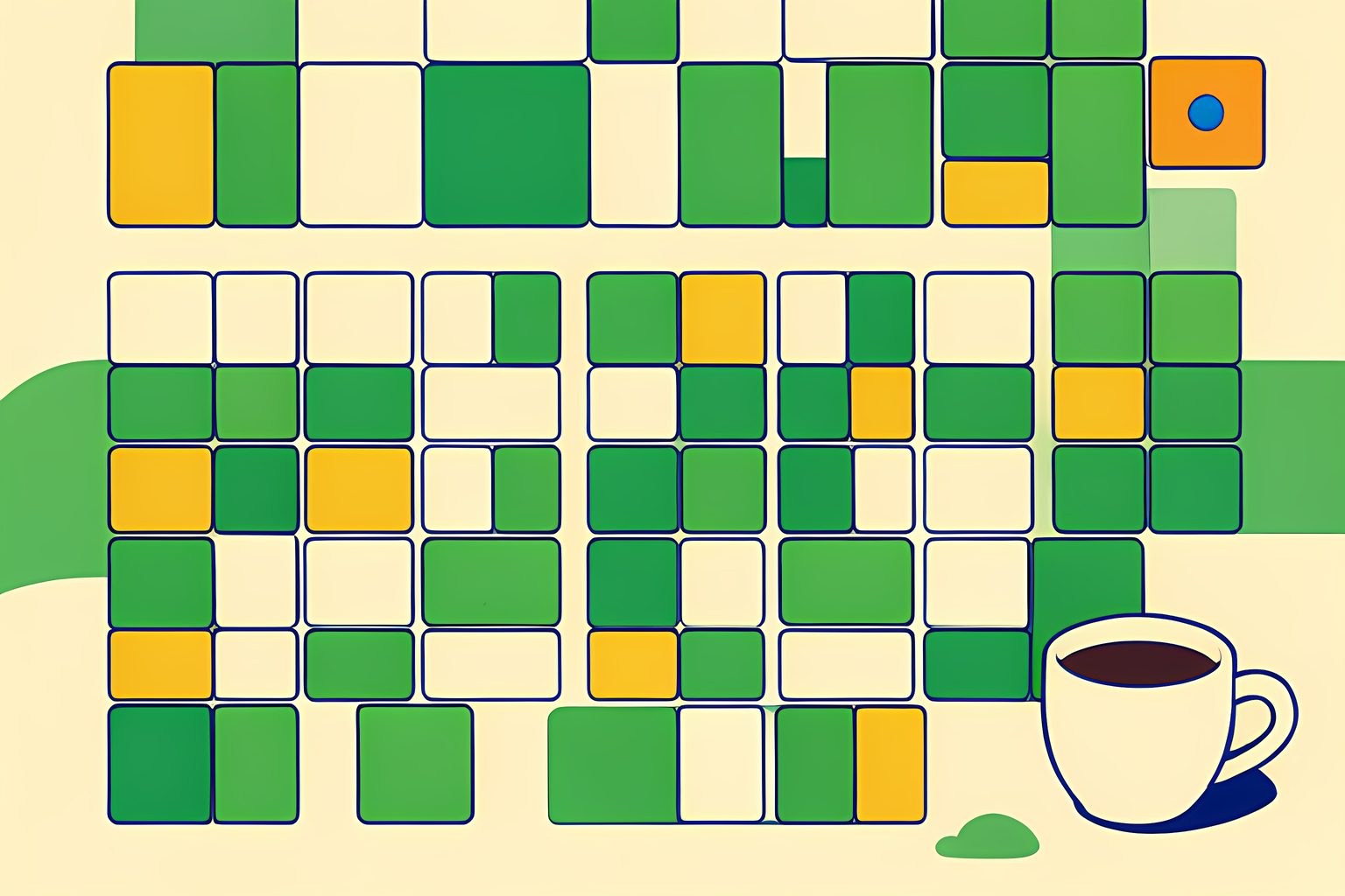 Stylized editorial illustration of a bright, person-free crossword grid made of blank cream squares, with a small coffee cup, a sunlit window and one blue dot among the tiles.