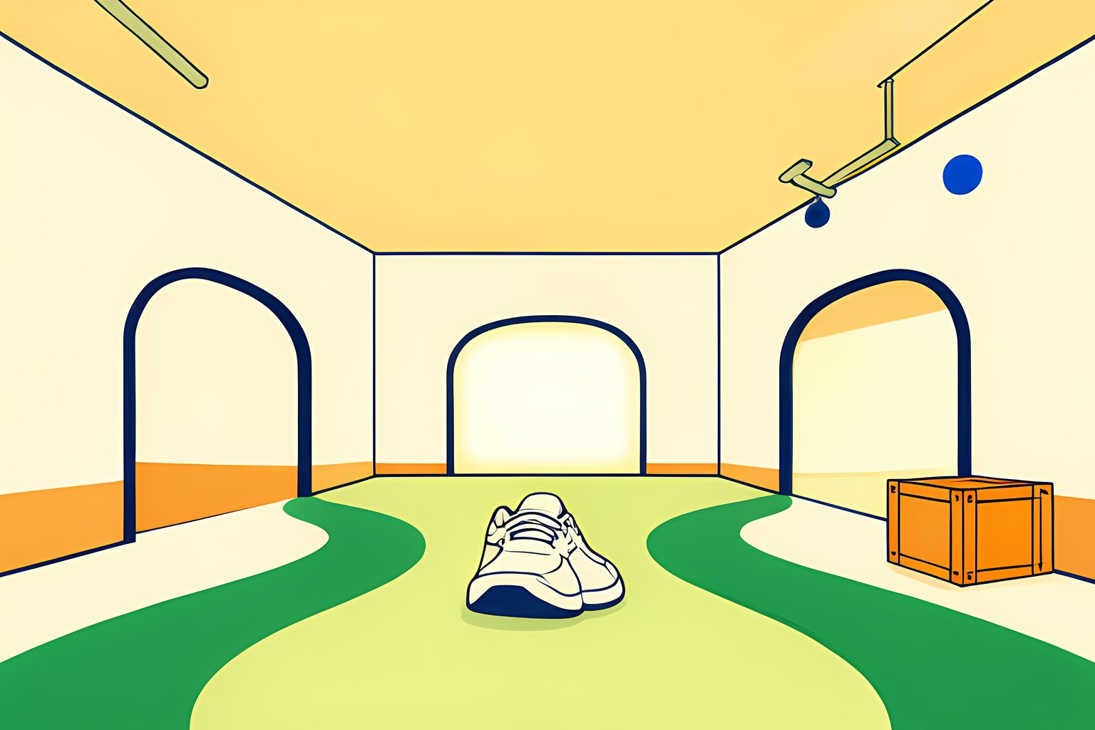 A bright, person-free warehouse crossroads with one plain unbranded running shoe at the center, paths leading toward blank storefront arches and an unmarked digital window, with a small blue dot in a ceiling beam.