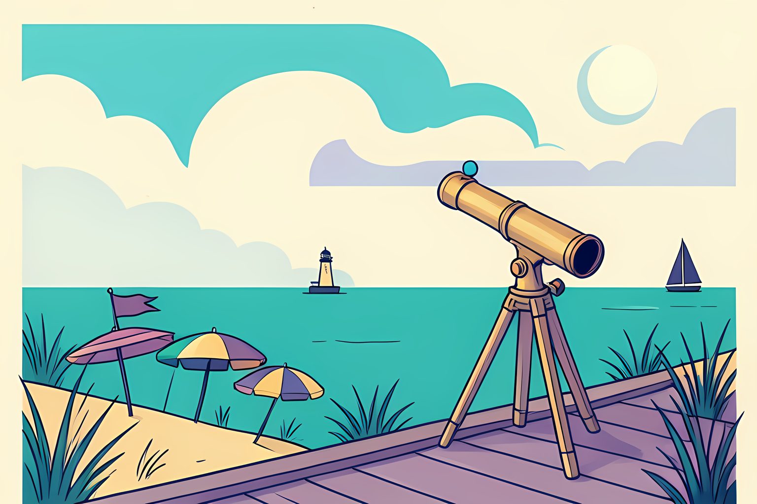 A sunny stylized coastline seen from above a boardwalk, with a curling band of clouds approaching from the south over a teal sea while dune grass and a weathervane lean toward the southwest, and a small telescope stands on a porch aimed at a pale moon.