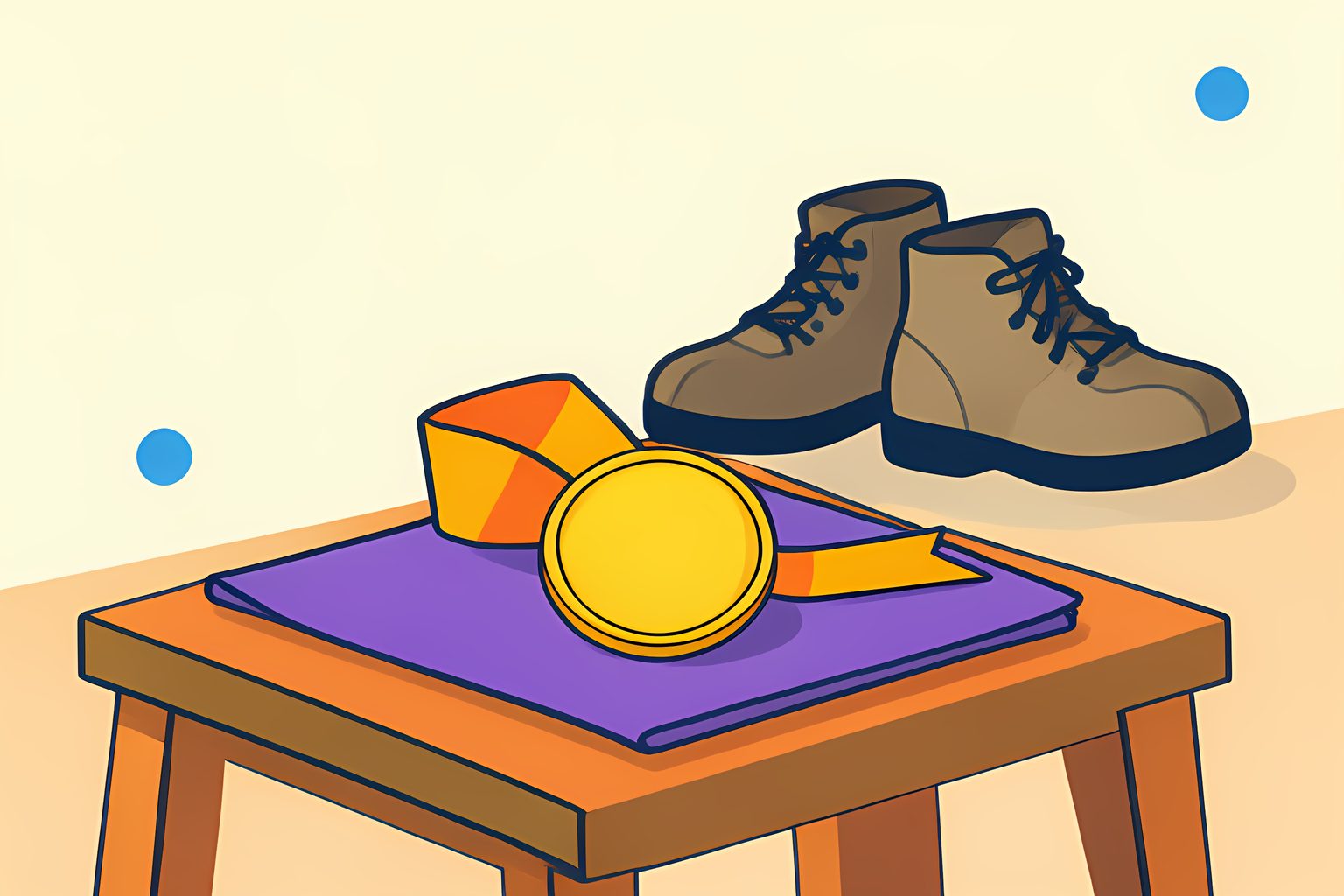 Flat editorial illustration of a plain round medal on a ribbon resting on folded purple cloth on a low table in warm side light, with a small blue dot on the tabletop.