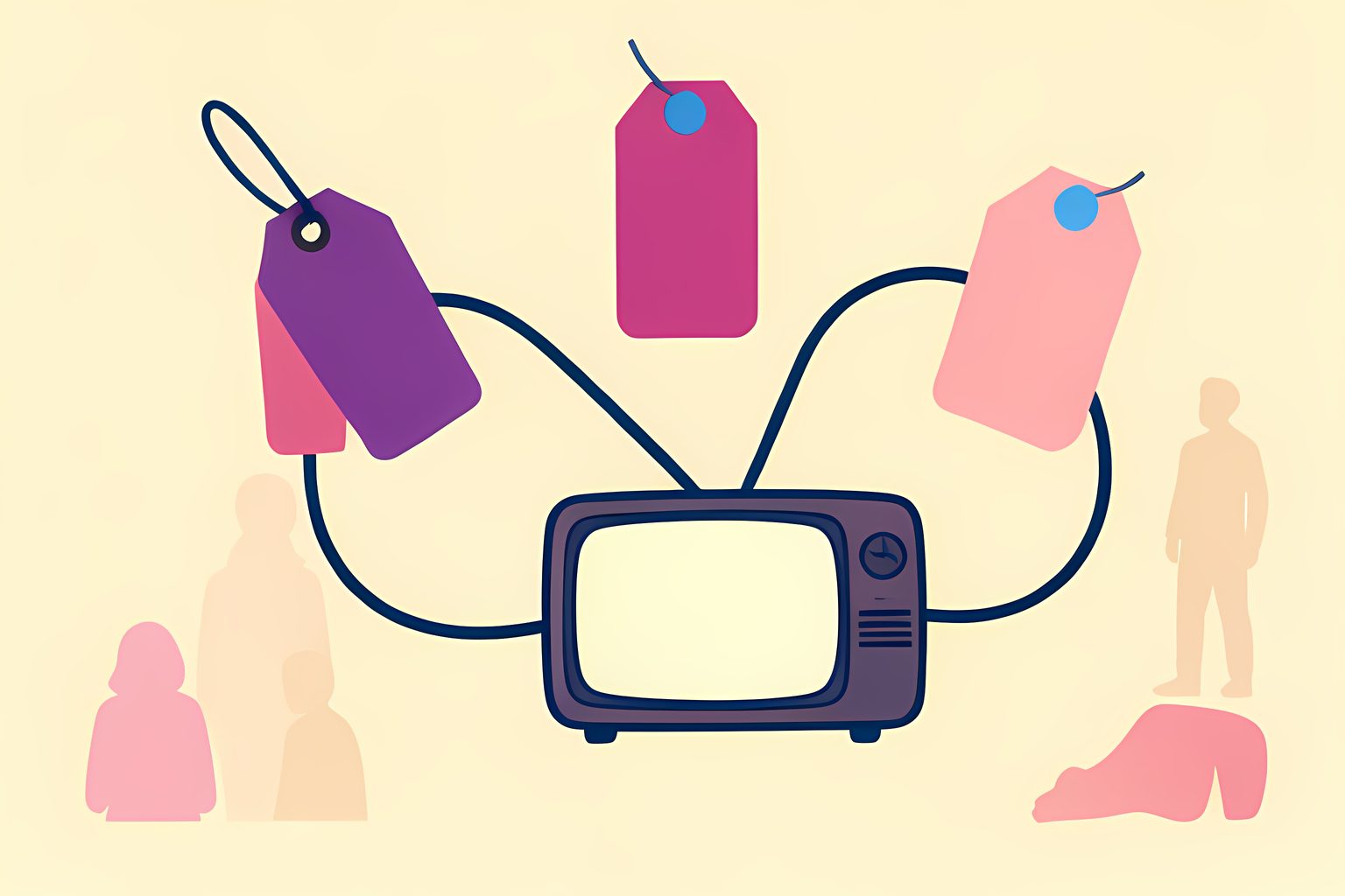 A bright abstract diagram of three separate blank hanging tags connected to a small television by curved colored threads, with a tiny blue dot and no words, logos or people.