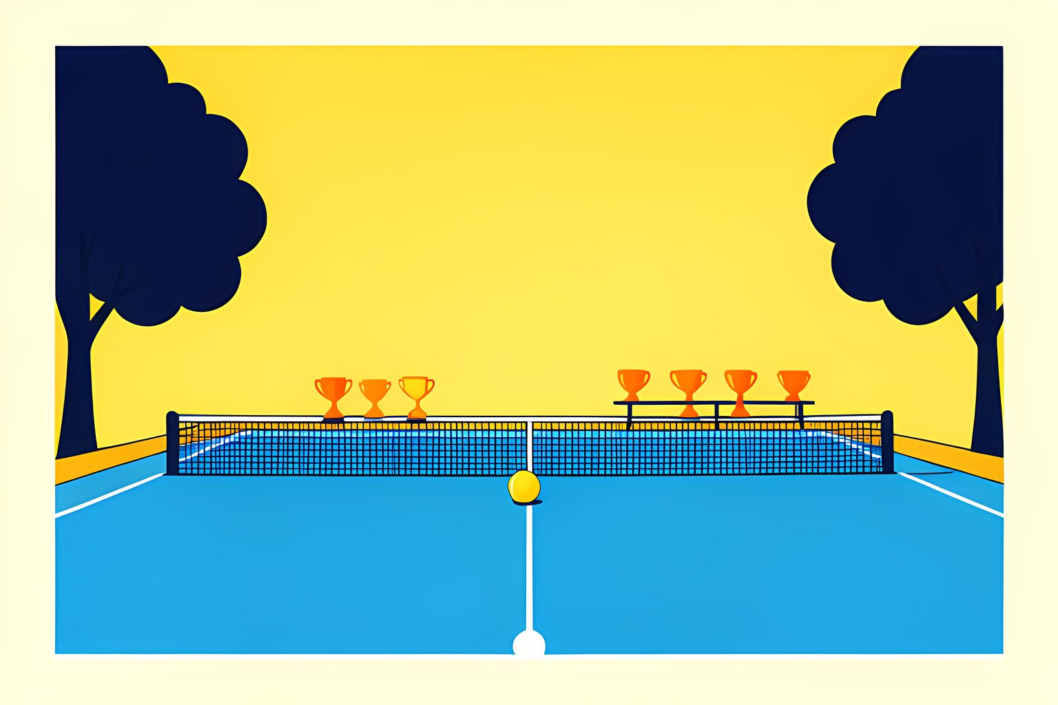 A sunny empty hard tennis court with a single ball resting near the net and six small unmarked trophy shapes along the stands.