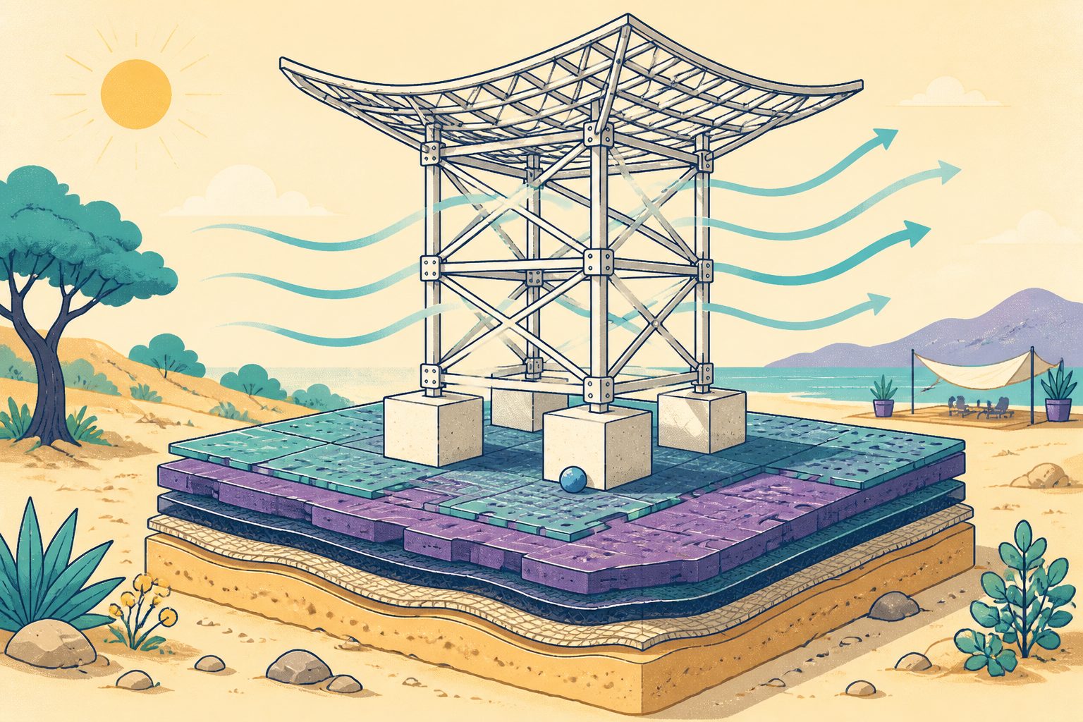 A colorful diagram-as-art vector illustration showing layered ground mats, steel ballast blocks, and truss structures arranged in teal and soft violet tones.